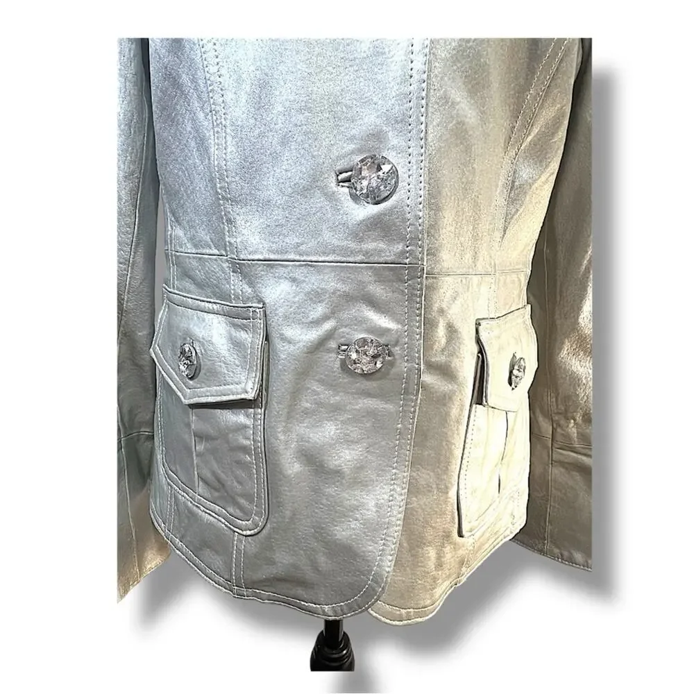 BRADLEY Elegant Silver Metallic Leather Oversize Rhinestone Buttons Jacket M